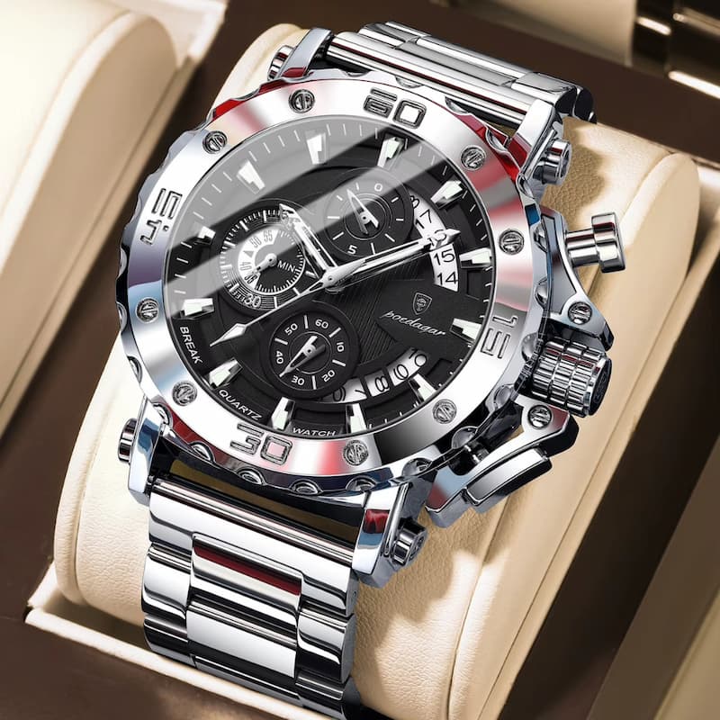 Montre Chronographe Homme Acier Inoxydable Design Vertical