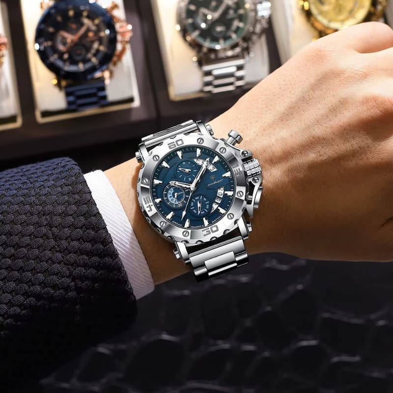 Montre Chronographe Homme Acier Inoxydable Design Vertical