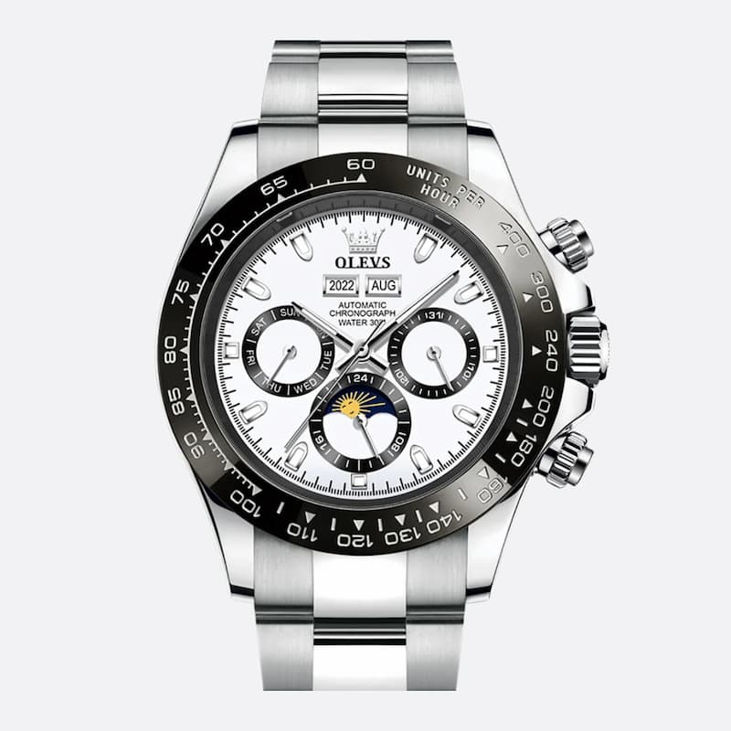 Montre Chronographe Homme Automatique Acier Inoxydable Phase de Lune
