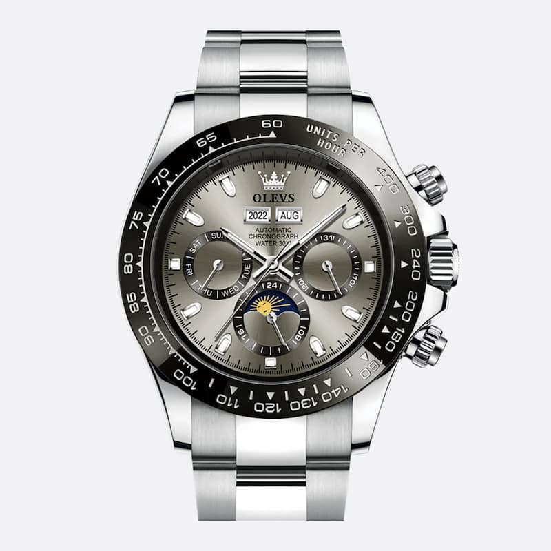 Montre Chronographe Homme Automatique Acier Inoxydable Phase de Lune