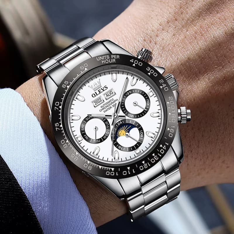 Montre Chronographe Homme Automatique Acier Inoxydable Phase de Lune