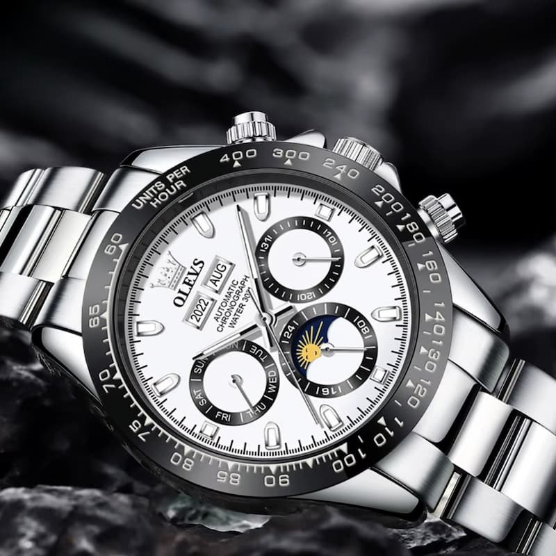 Montre Chronographe Homme Automatique Acier Inoxydable Phase de Lune