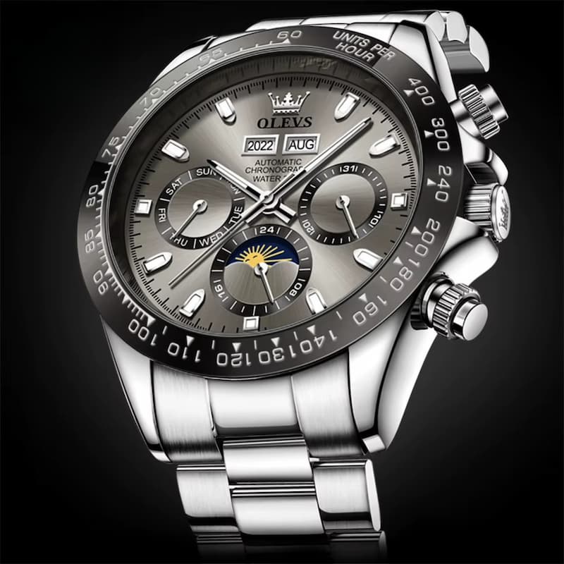 Montre Chronographe Homme Automatique Acier Inoxydable Phase de Lune