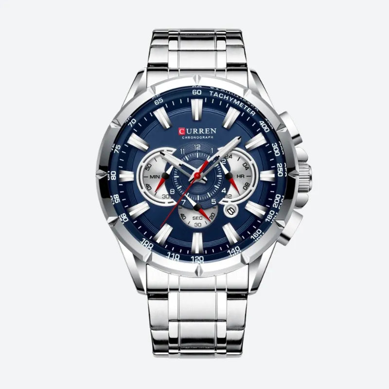 Montre Chronographe Homme Quartz Cadran Bleu Bracelet Acier