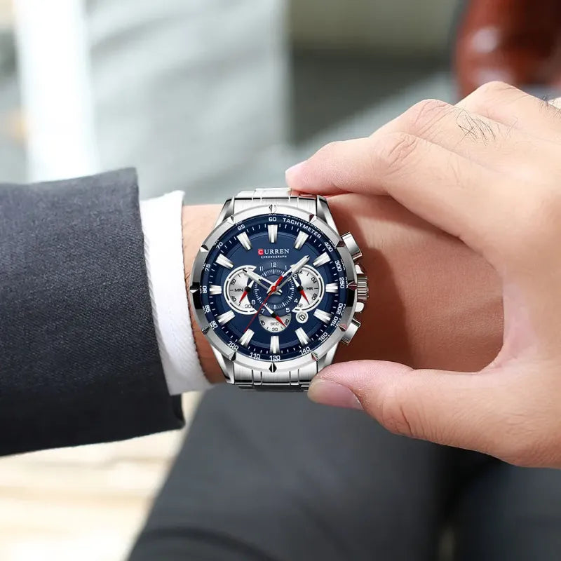 Montre Chronographe Homme Quartz Cadran Bleu Bracelet Acier