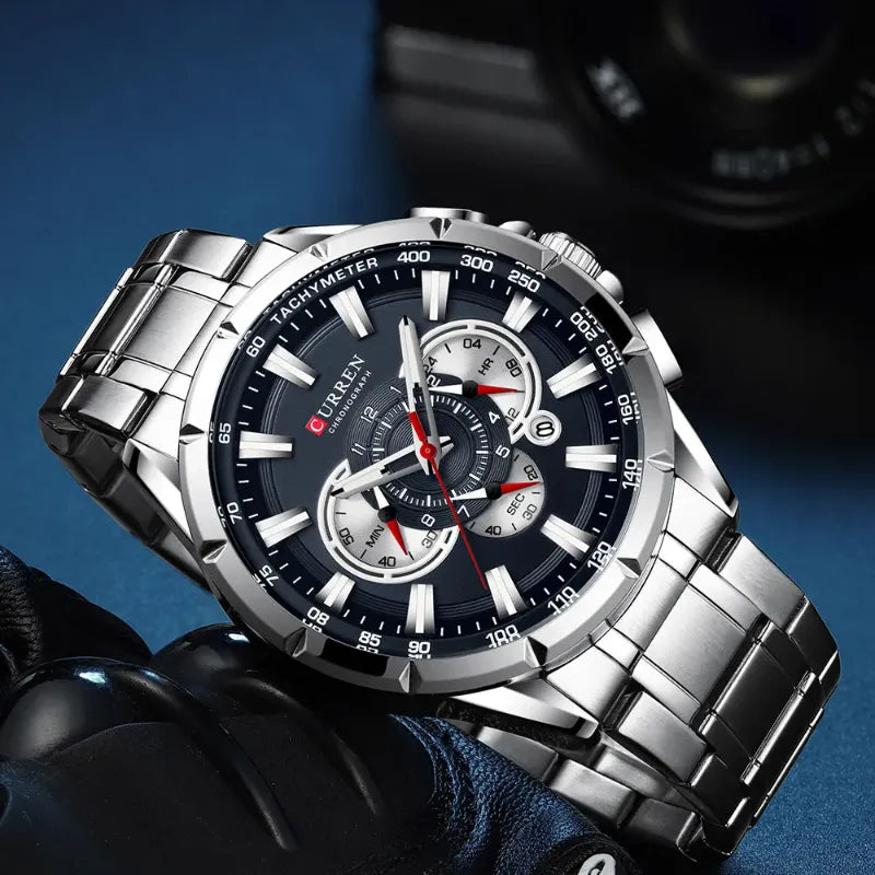 Montre Chronographe Homme Quartz Cadran Bleu Bracelet Acier