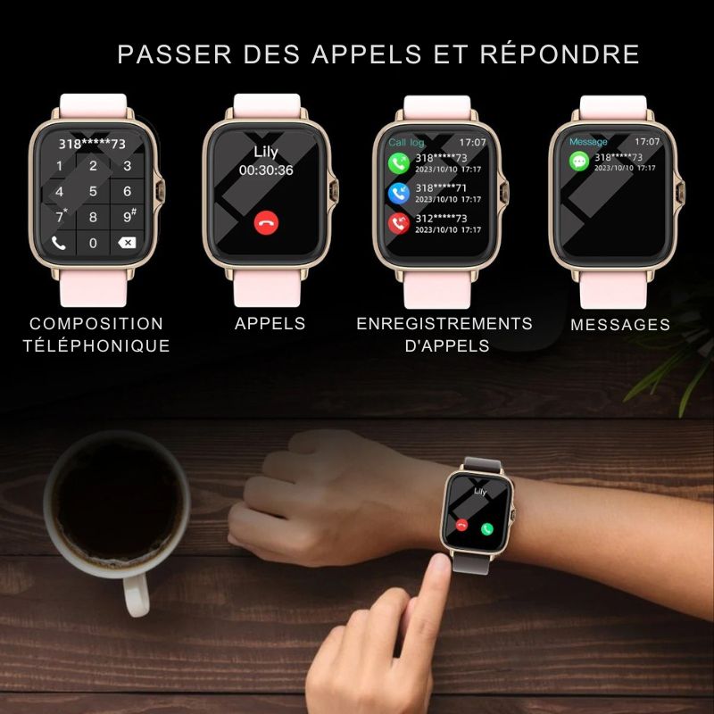 Montre Connectée Femme au Cadran Doré et Couronne Tactile
