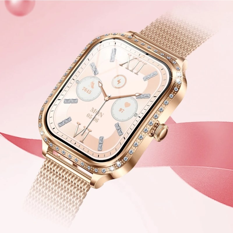 Montre Connectée Femme Cadran Rose Doré à Strass