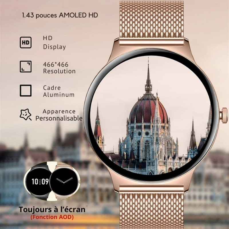 Montre Connectée Femme Maille Rose et Écran AMOLED