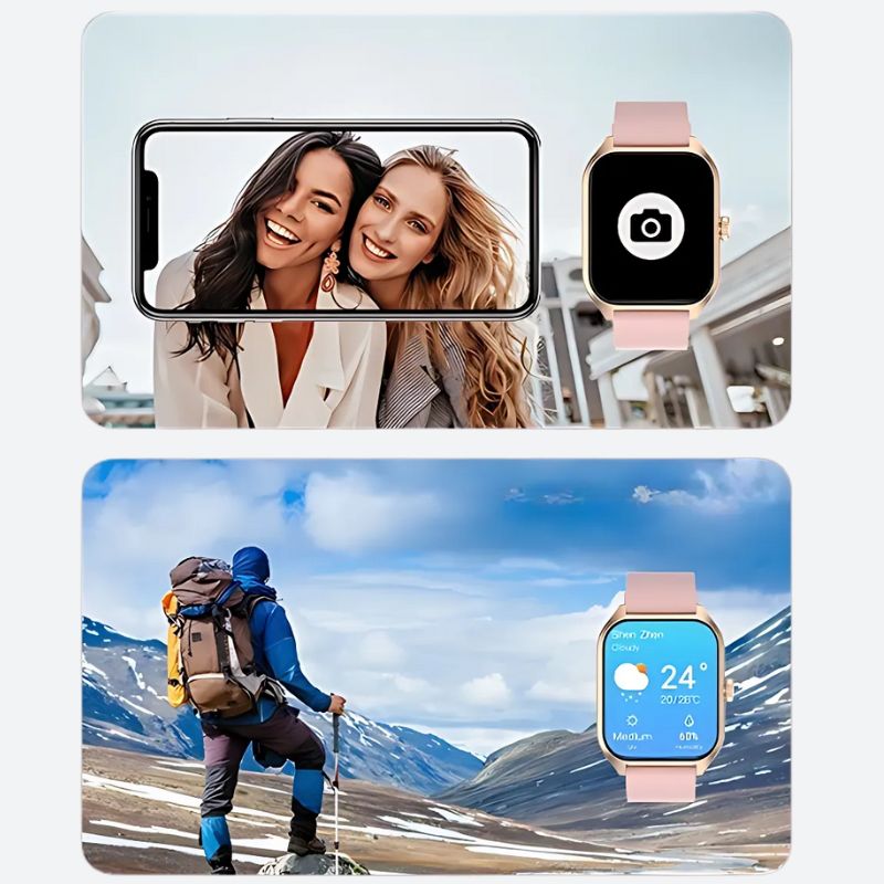 Montre Connectée Femme Rose à Grand Écran Doré