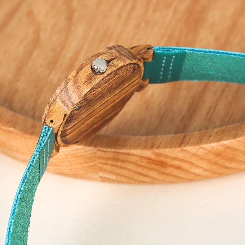 Montre en Bois Femme Cadran Turquoise Boîtier Naturel
