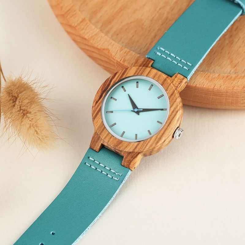 Montre en Bois Femme Cadran Turquoise Boîtier Naturel