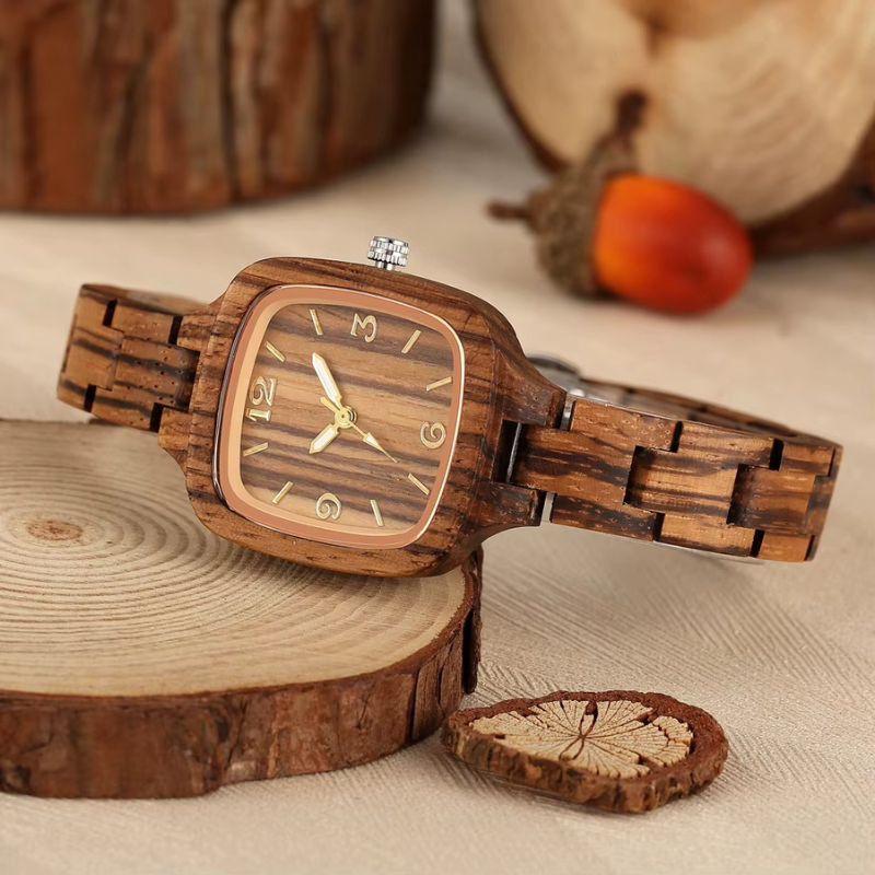 Montre en Bois Femme Carrée à Quartz Minimaliste