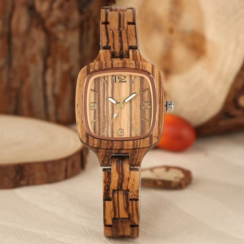 Montre en Bois Femme Carrée à Quartz Minimaliste