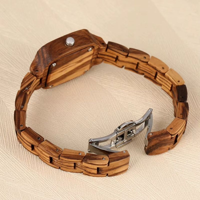 Montre en Bois Femme Carrée à Quartz Minimaliste