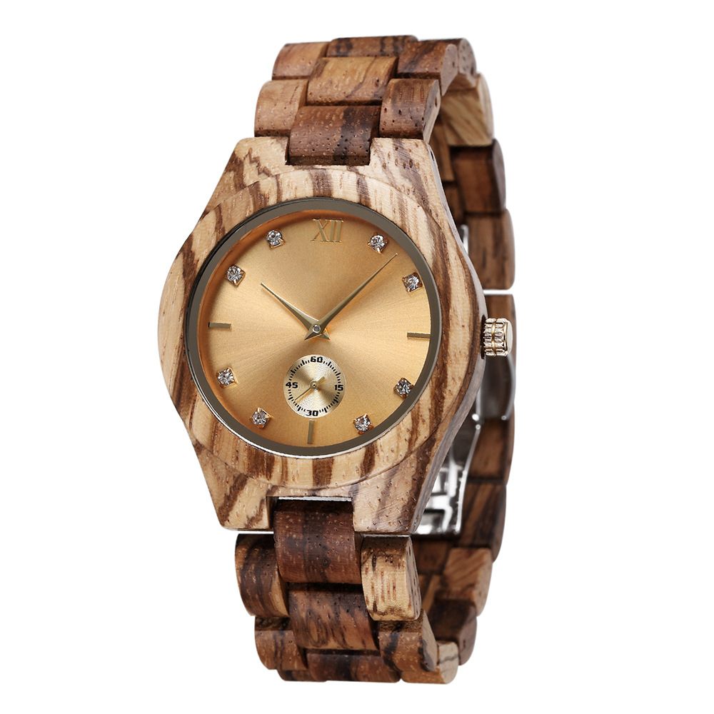 Montre en Bois Femme Naturel Cadran à Brillants