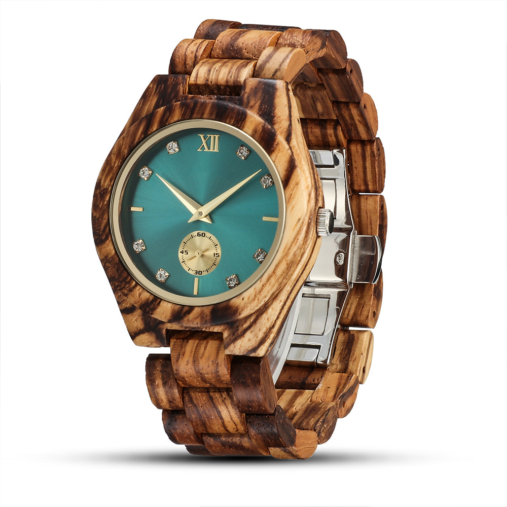 Montre en Bois Femme Naturel Cadran à Brillants