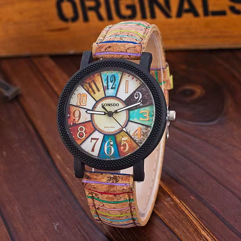 Montre en Bois Femme Patchwork Rétro Bracelet Liège