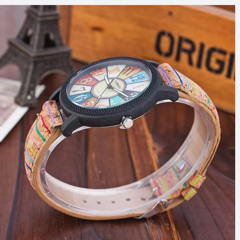 Montre en Bois Femme Patchwork Rétro Bracelet Liège