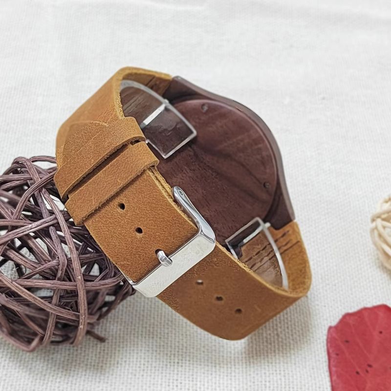 Montre en Bois Femme Quartz Boîtier Bois Bracelet Cuir