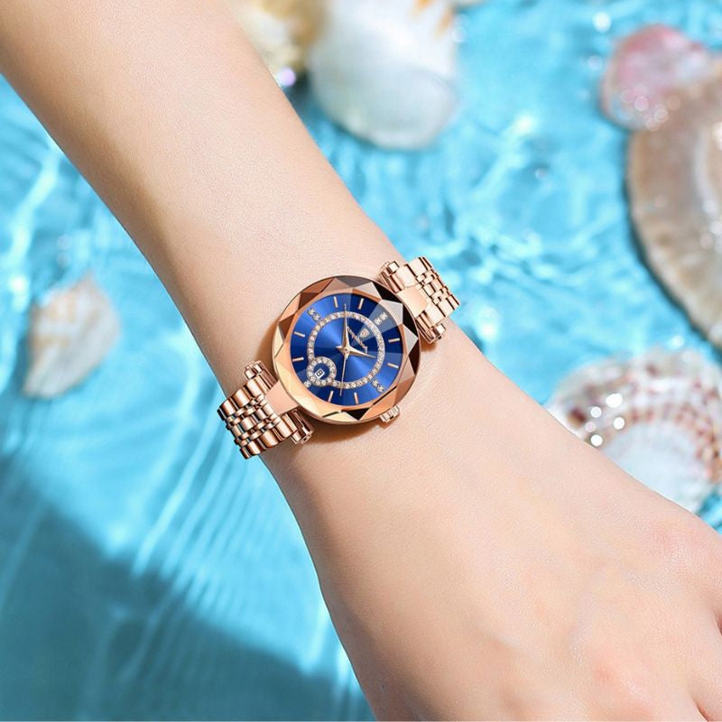 Montre Femme Élégante Quartz Facetté avec Dateur et Strass