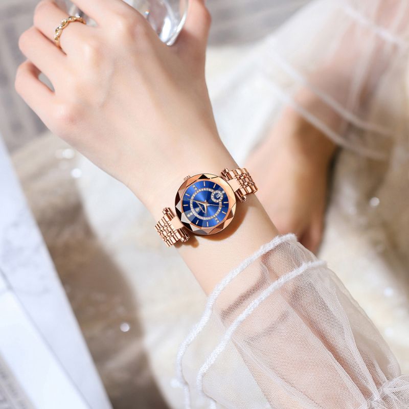 Montre Femme Élégante Quartz Facetté avec Dateur et Strass