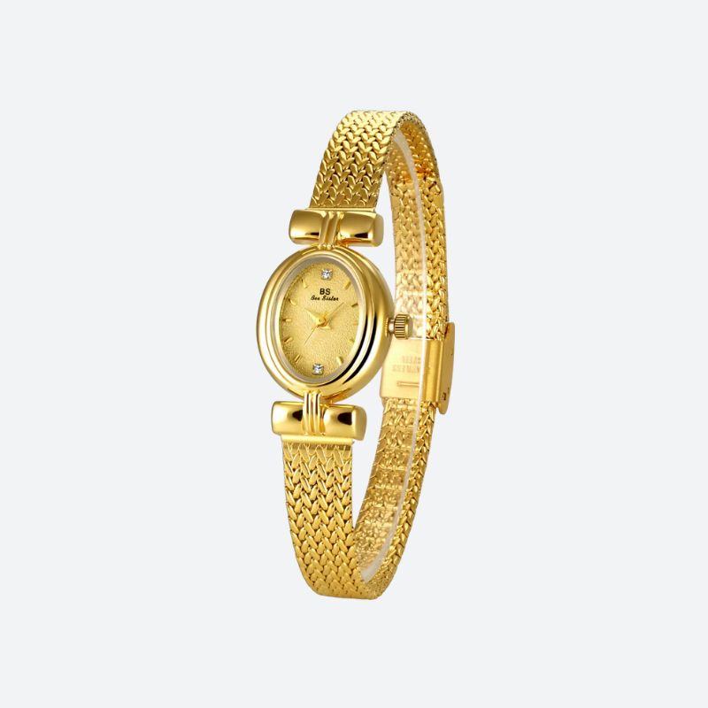 Montre Femme Élégante Quartz Petit Cadran Ovale et Bracelet Maille Tressée