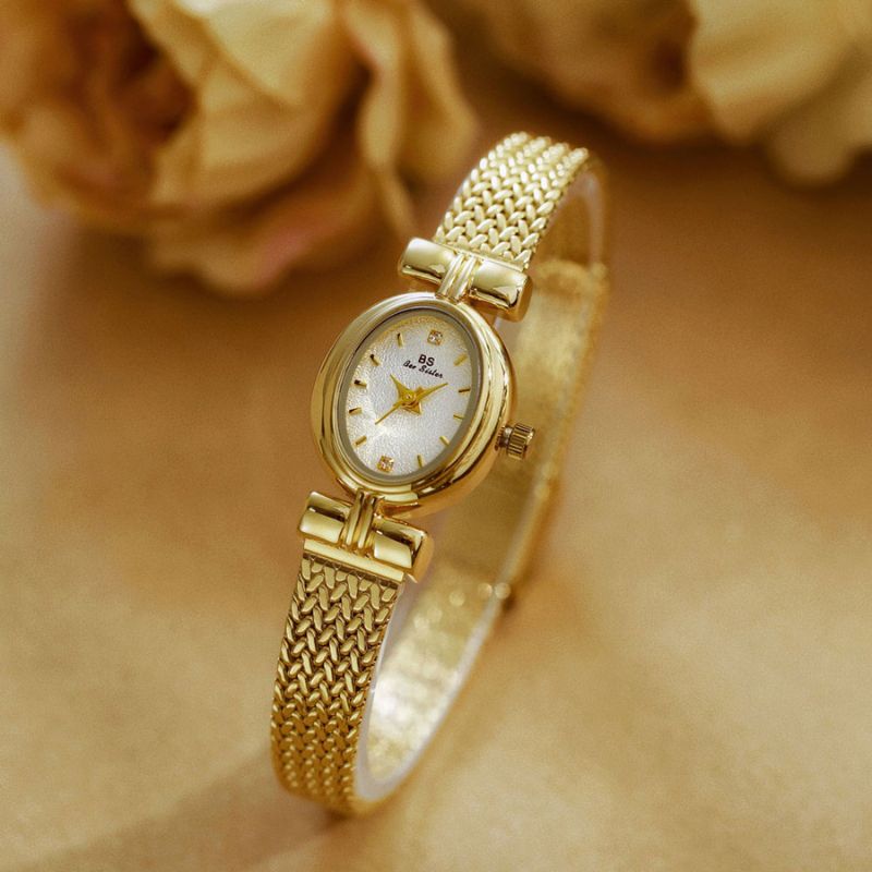 Montre Femme Élégante Quartz Petit Cadran Ovale et Bracelet Maille Tressée