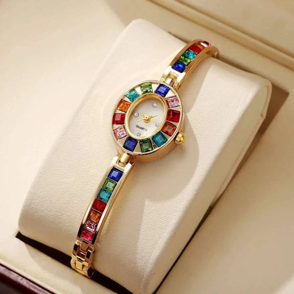 Montre Luxe Quartz Femme Bijou Cristaux Colorés Style Éclat