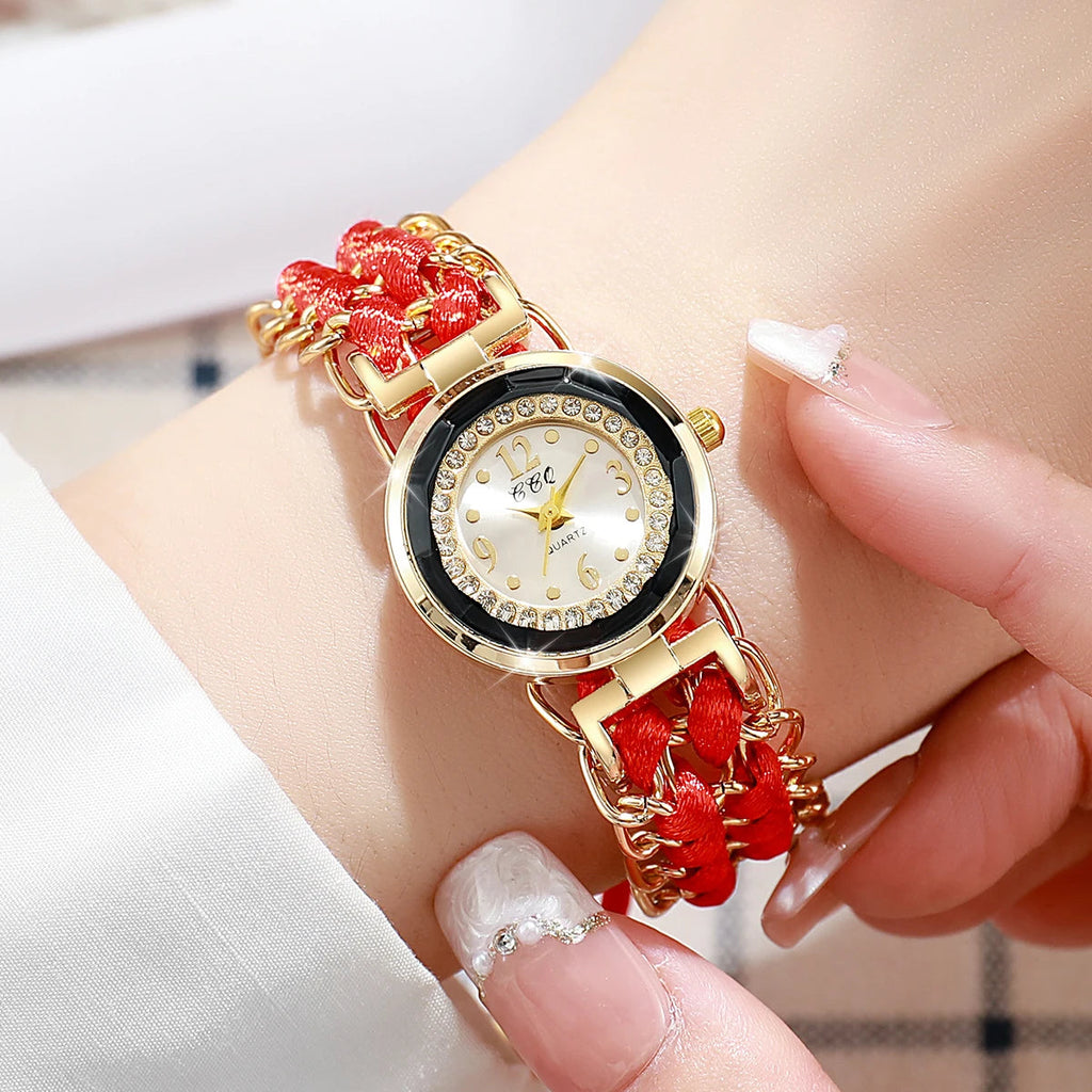 Montre Luxe Quartz Femme Bracelet Tressé Chaîne Style Mode