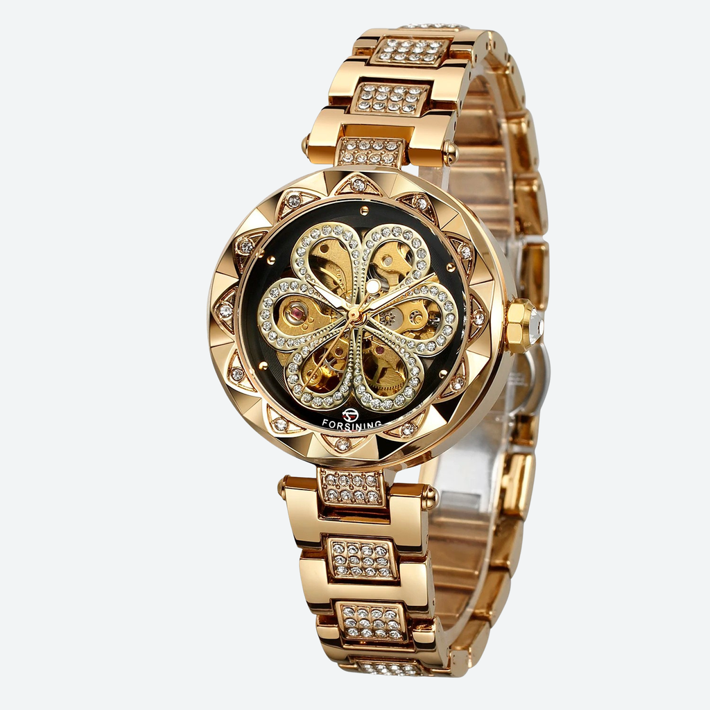 Montre Mécanique Femme Squelette Cristal Éclat Doré