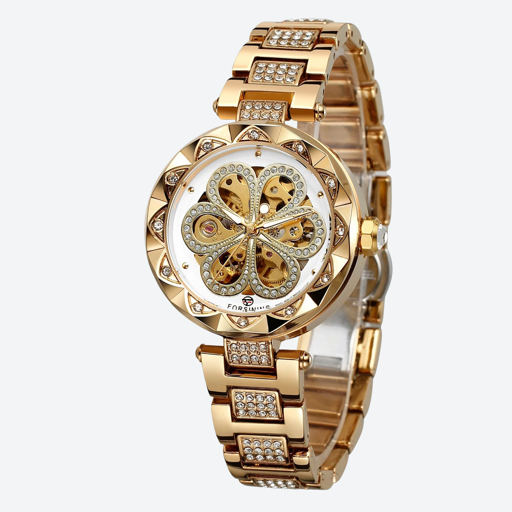 Montre Mécanique Femme Squelette Cristal Éclat Doré