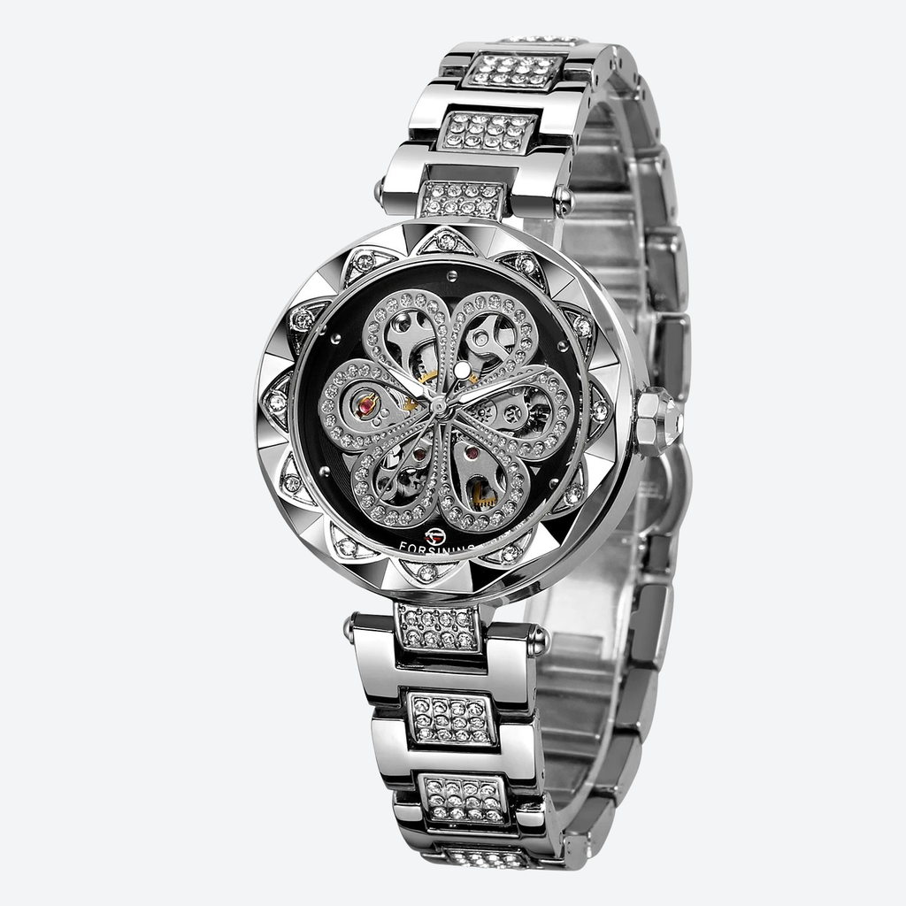 Montre Mécanique Femme Squelette Cristal Éclat Doré