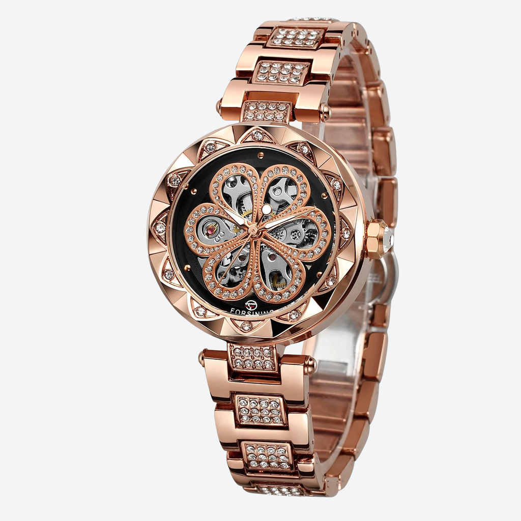 Montre Mécanique Femme Squelette Cristal Éclat Doré