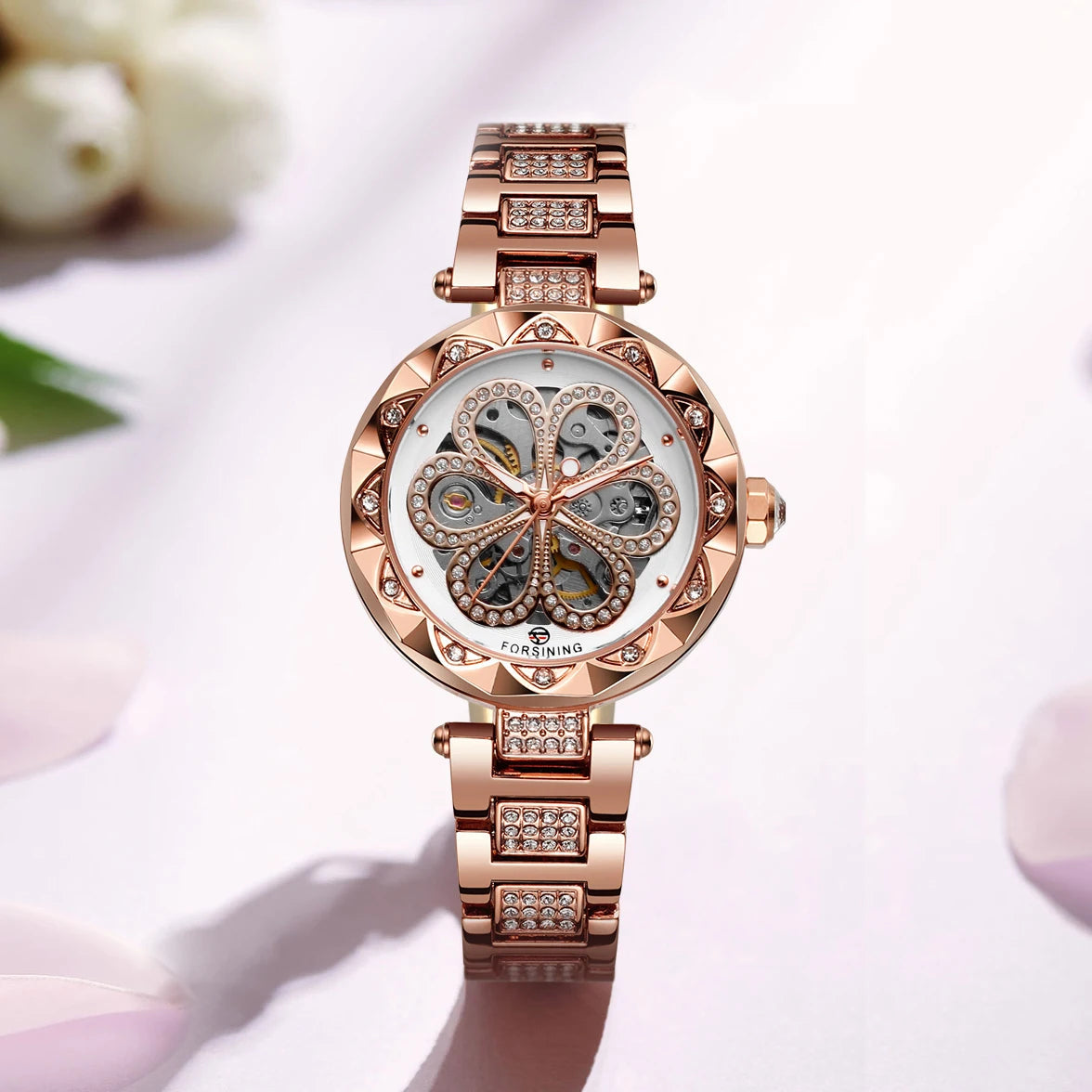 Montre Mécanique Femme Squelette Cristal Éclat Doré