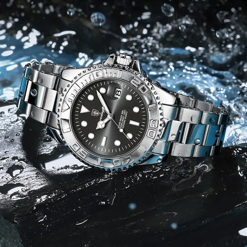 Montre Quartz Homme Style Plongeur Bracelet Acier Cadran Lumineux