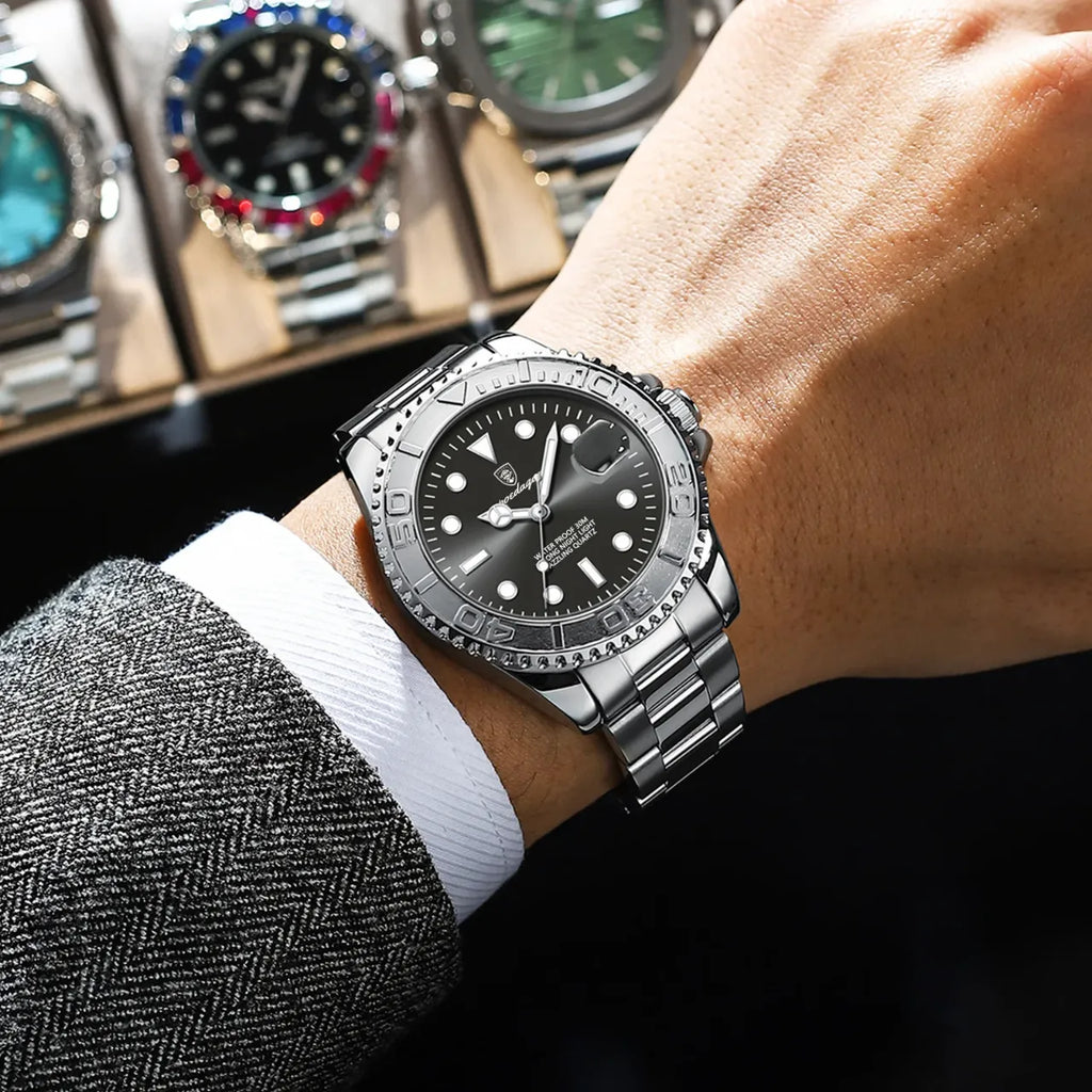 Montre Quartz Homme Style Plongeur Bracelet Acier Cadran Lumineux