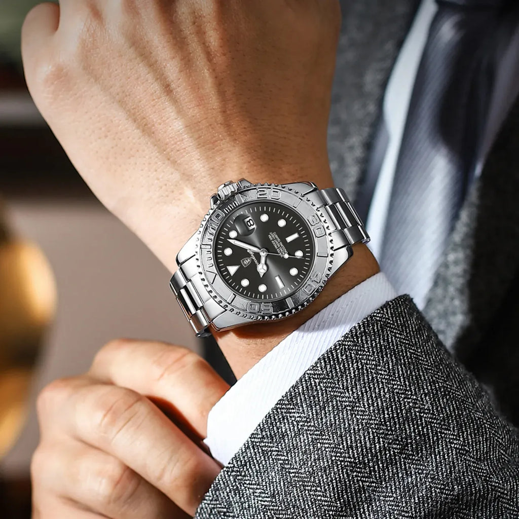 Montre Quartz Homme Style Plongeur Bracelet Acier Cadran Lumineux