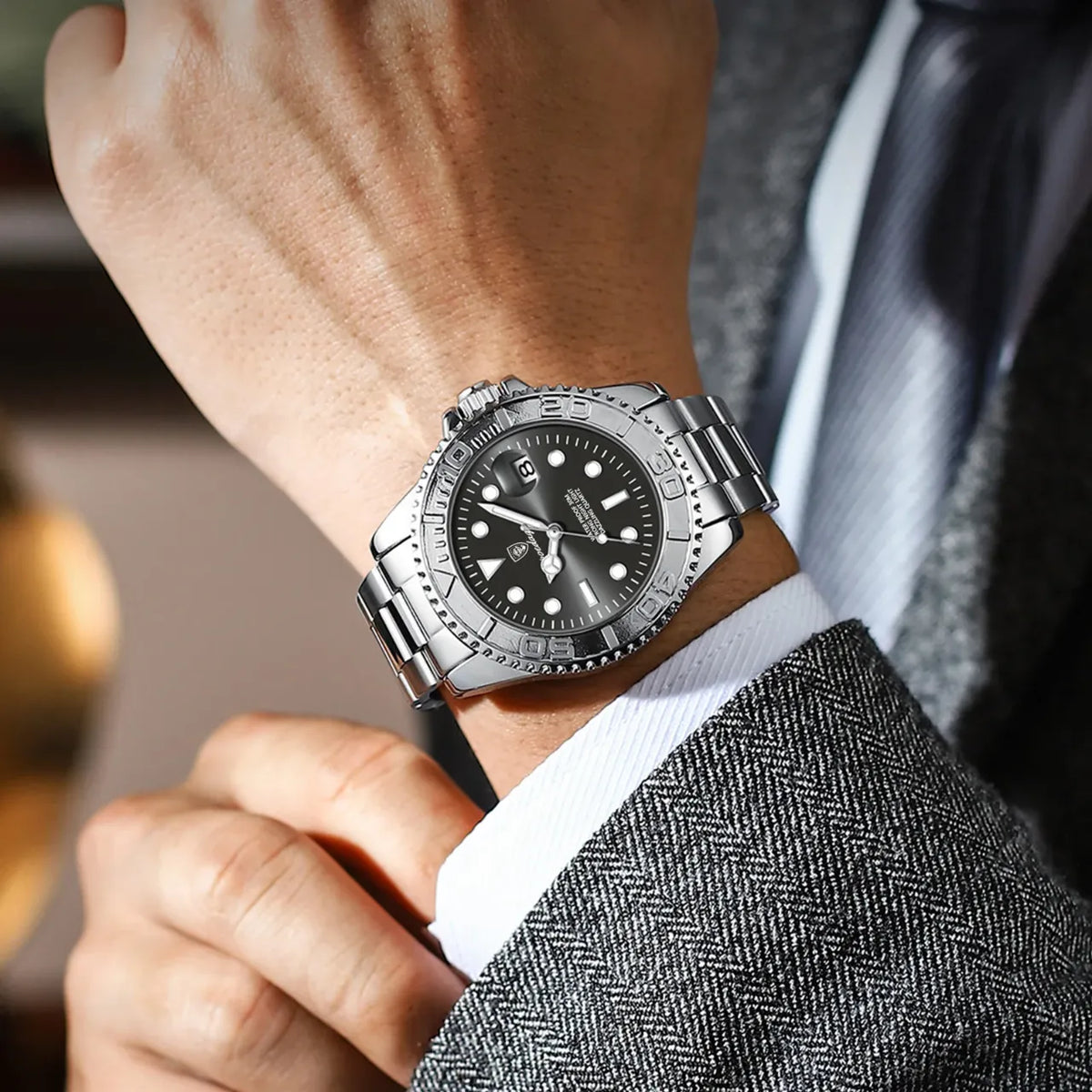 Montre Quartz Homme Style Plongeur Bracelet Acier Cadran Lumineux