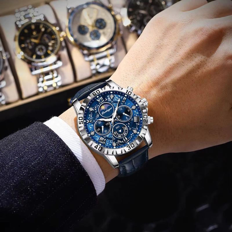 Montre Ronde Homme Chronographe Quartz, Verre Minéral Renforcé