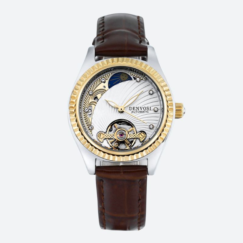 Montre Squelette Femme Automatique Bracelet Cuir Marron