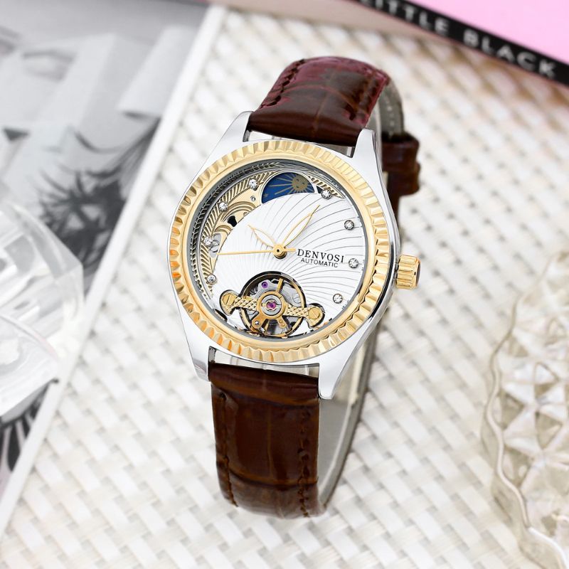 Montre Squelette Femme Automatique Bracelet Cuir Marron