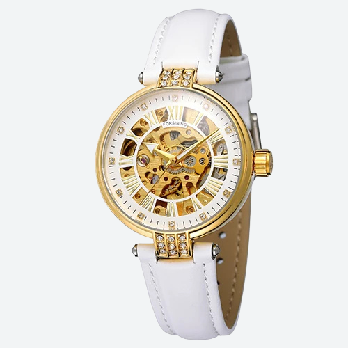 Montre Squelette Femme Automatique Cuir Cristaux