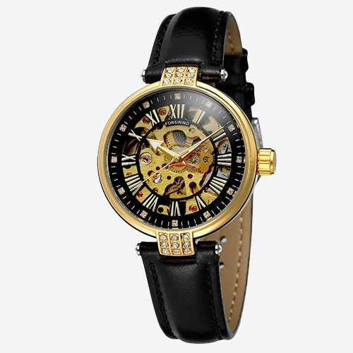 Montre Squelette Femme Automatique Cuir Cristaux