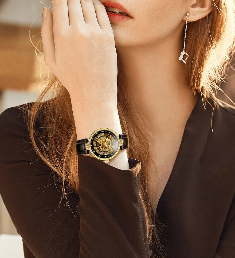 Montre Squelette Femme Automatique Cuir Cristaux