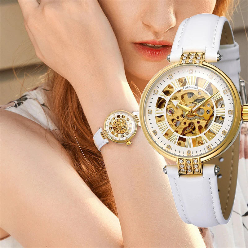 Montre Squelette Femme Automatique Cuir Cristaux