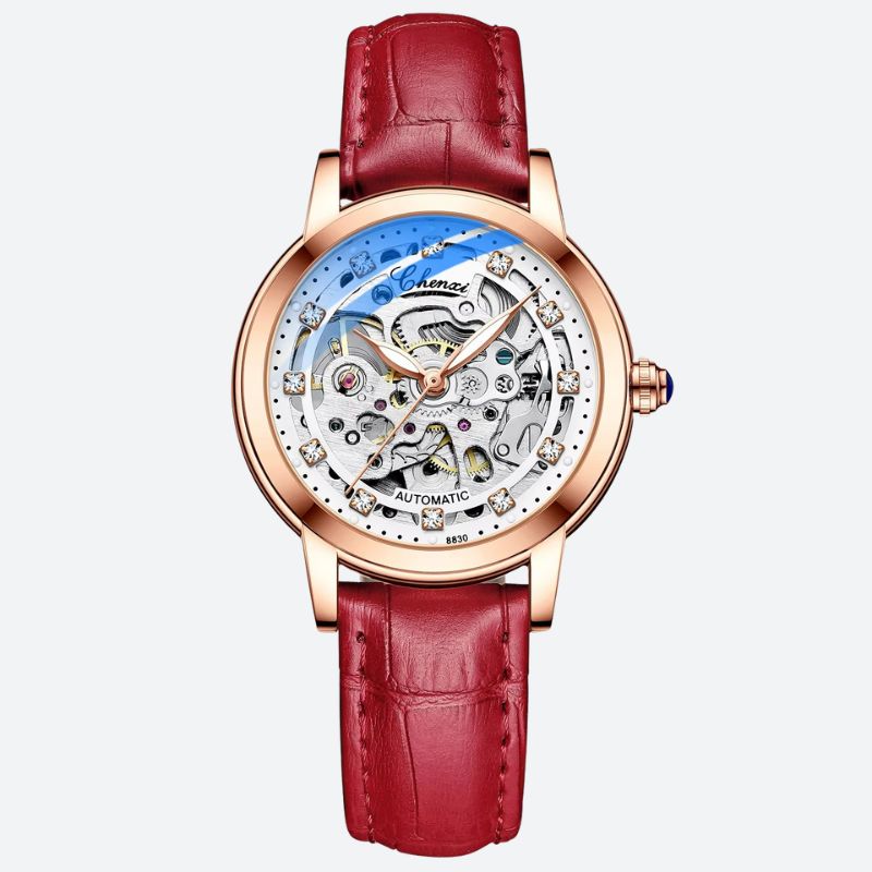 Montre Squelette Femme Automatique Étanche Cuir Véritable