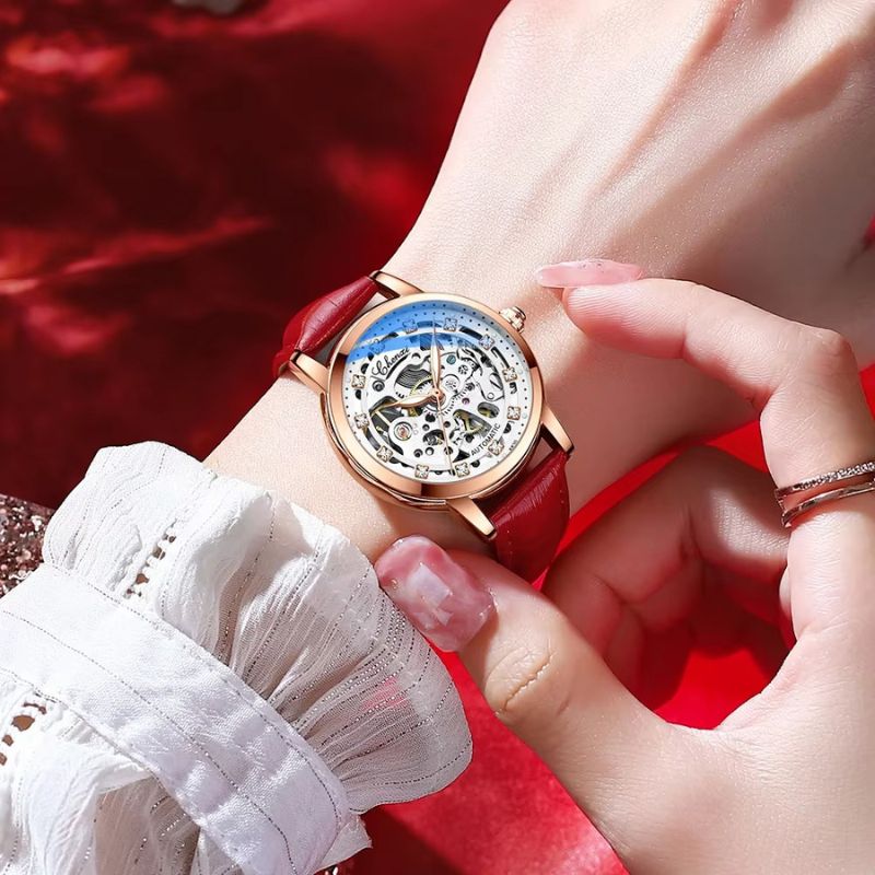 Montre Squelette Femme Automatique Étanche Cuir Véritable