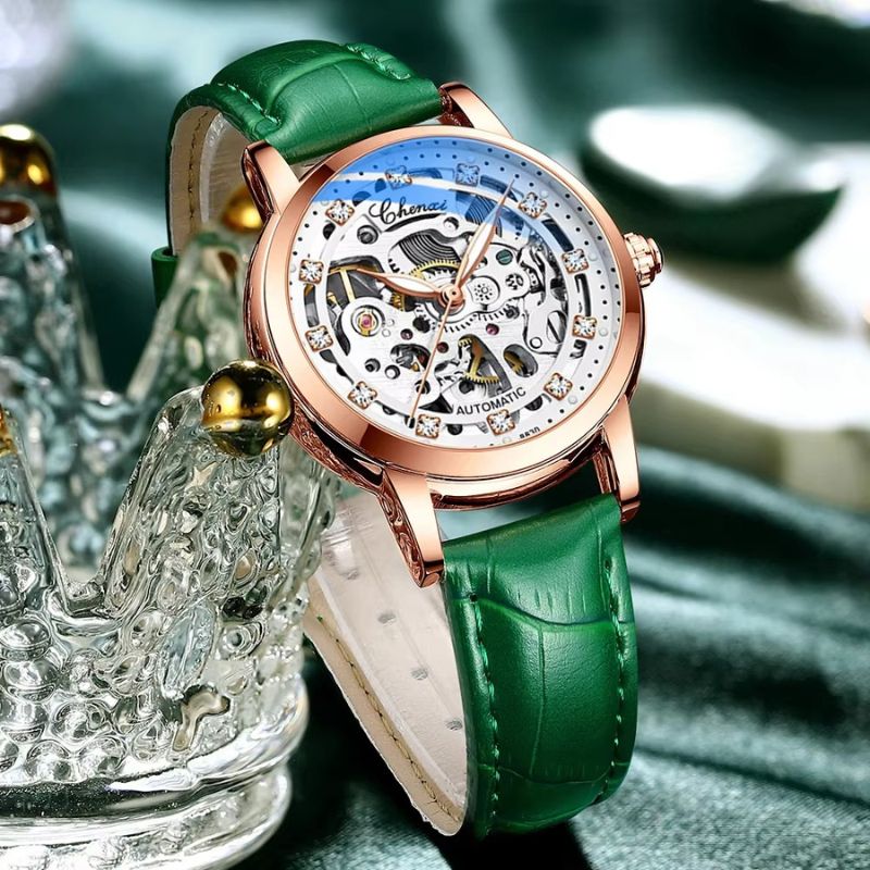 Montre Squelette Femme Automatique Étanche Cuir Véritable