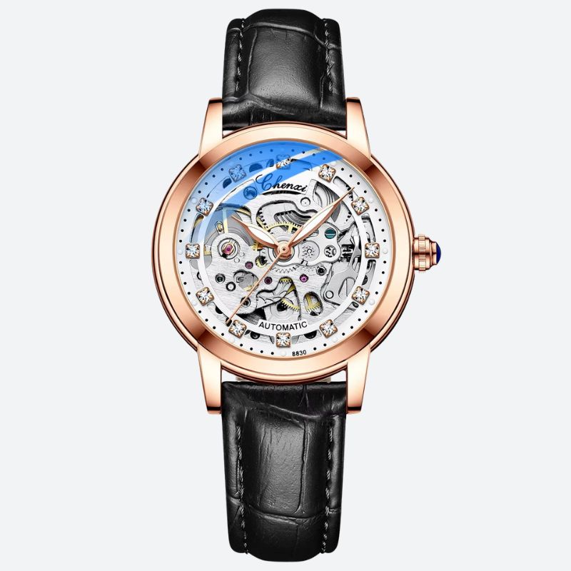 Montre Squelette Femme Automatique Étanche Cuir Véritable
